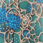Hybrid Landscape No. 1, resin and acrylic paint, ink, plaster pill replicas on wood panel, 30 × 40 cm, 2012