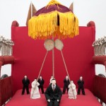 Ji Wenyu and Zhu Weibing, Thoughts on Reading “Emperor Taizong Receiving the Tibetan Envoy, stainless steel, wheelchair and cloth, 103 x 69 x 105 cm, 2011