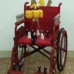 Ji Wenyu and Zhu Weibing, Thoughts on Reading “Emperor Taizong Receiving the Tibetan Envoy, stainless steel, wheelchair and cloth, 103 x 69 x 105 cm, 2011