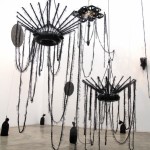 Ed Pien and Karin van Dam, "Suspended Gravity," mixed media installation, acrylic, wool, sand bags, boat fenders, Chinese umbrellas, gear shift boot, styrofoam, plastic ties, embroidery rings, string, dimensions variable, 2013 